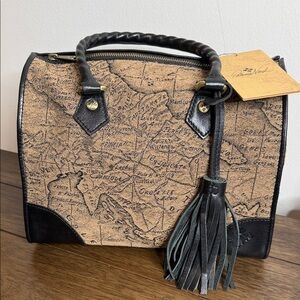 Patricia Nash Tan Map Print Satchel with Black Details